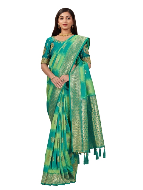 

MANOHARI Green & Gold-Toned Woven Design Zari Silk Blend Banarasi Saree