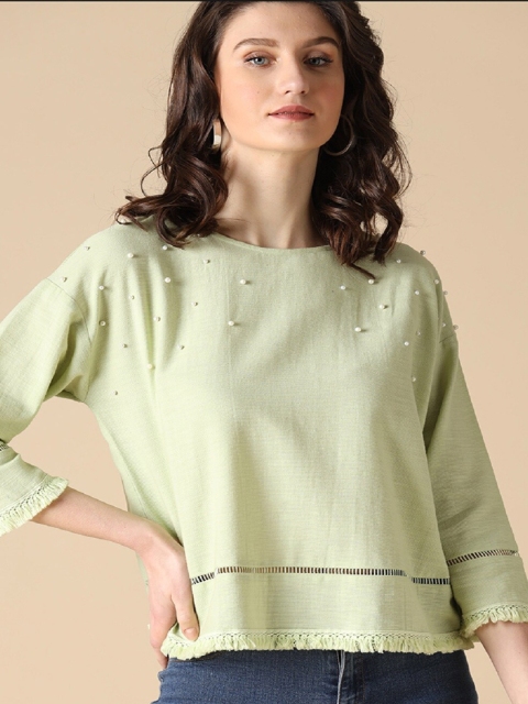 

Gipsy Green Extended Sleeves Linen Boxy Top