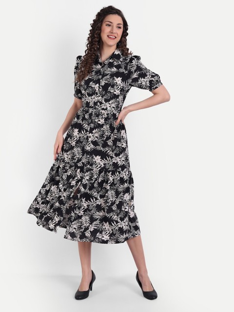 

MINGLAY Black Floral Crepe Midi Dress
