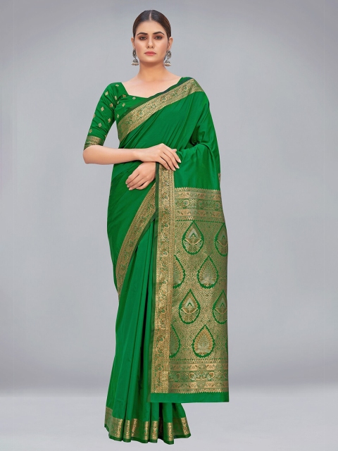 

MONJOLIKA FASHION Green & Gold-Toned Woven Design Zari Silk Blend Banarasi Saree