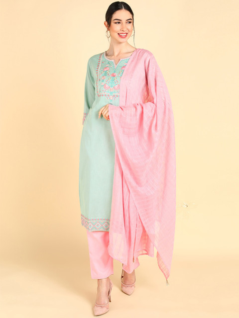 

AHIKA Women Sea Green Yoke Design Thread Work Pure Cotton Kurti with Trousers & With Dupatta