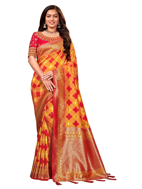 

MANOHARI Orange & Red Woven Design Zari Silk Blend Banarasi Saree