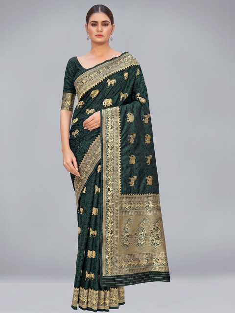 

MONJOLIKA FASHION Green & Gold-Toned Woven Design Zari Silk Blend Banarasi Saree
