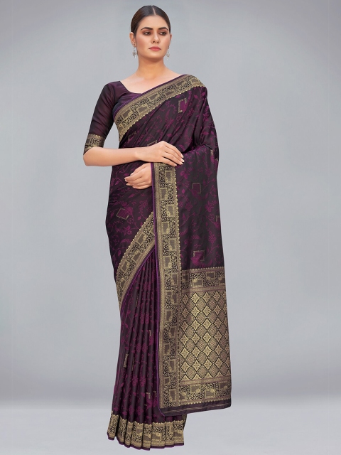 

MONJOLIKA FASHION Purple & Golden Ethnic Motifs Zari Silk Blend Banarasi Saree