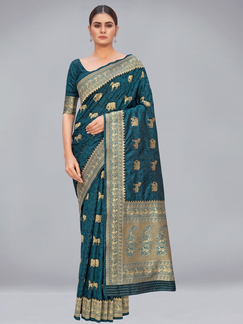 

MONJOLIKA FASHION Teal Green & Gold-Toned Woven Design Silk Blend Banarasi Saree