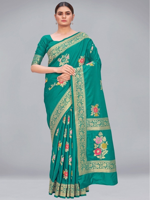 

MONJOLIKA FASHION Teal & Gold-Toned Woven Design Silk Blend Banarasi Saree