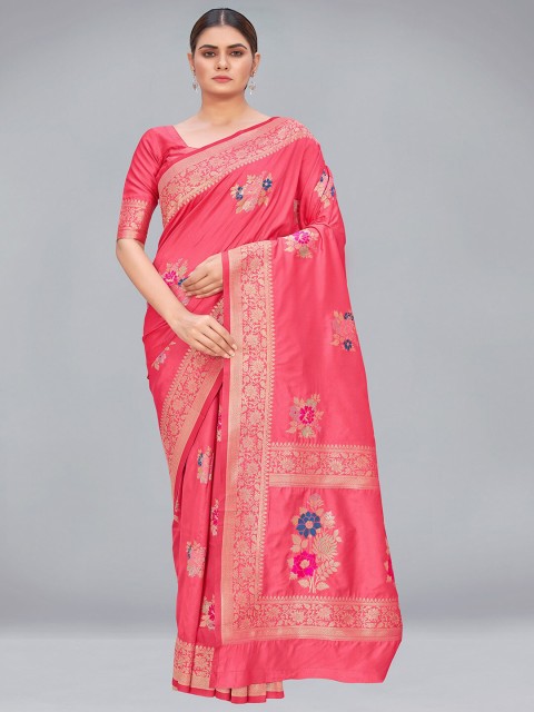 

MONJOLIKA FASHION Peach-Coloured & Gold-Toned Woven Design Zari Silk Blend Banarasi Saree