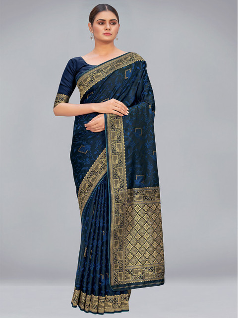 

MONJOLIKA FASHION Navy Blue Woven Design Zari Silk Blend Banarasi Saree
