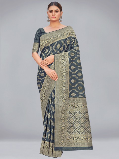 

MONJOLIKA FASHION Grey & Golden Woven Design Zari Silk Blend Banarasi Saree
