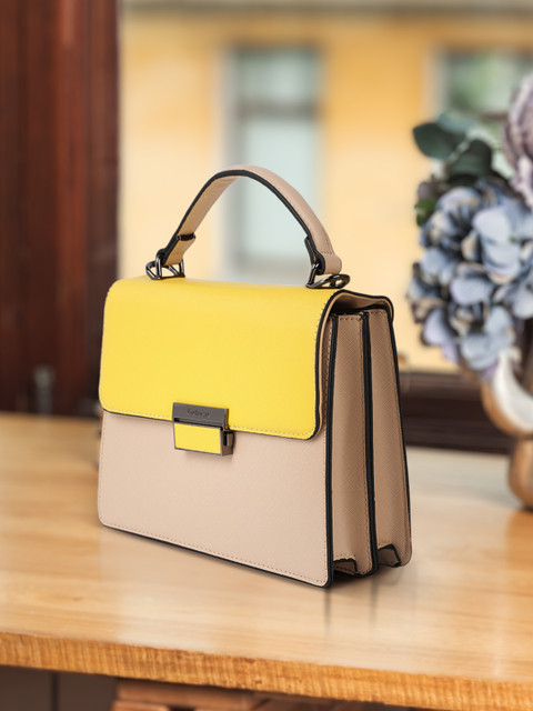 

Van Heusen Yellow and Pink Colourblocked PU Structured Satchel
