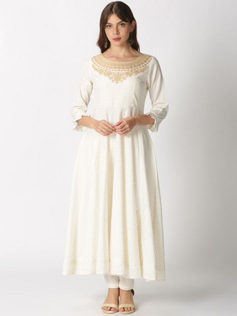 

Saffron Threads Women Off White Embroidered Anarkali Kurta
