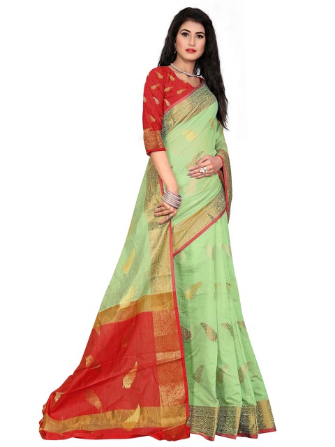 

Rivana Fluorescent Green & Red Woven Design Zari Pure Cotton Chanderi Saree