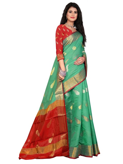 

Rivana Green & Red Woven Design Zari Pure Cotton Chanderi Saree