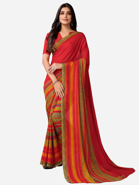 

KALINI Red & Yellow Floral Printed Pure Georgette Saree