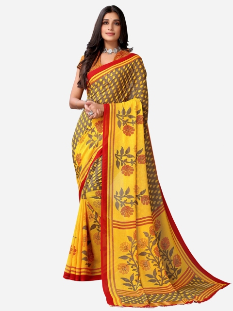 

KALINI Yellow & Red Floral Printed Pure Georgette Saree