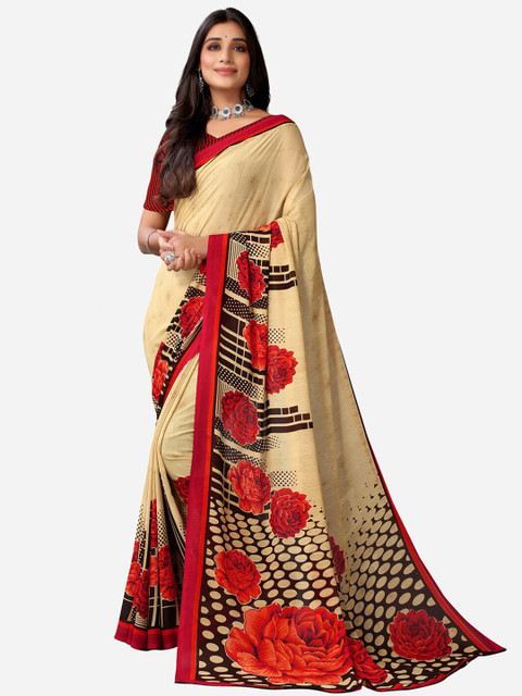 

KALINI Beige & Red Floral Printed Saree