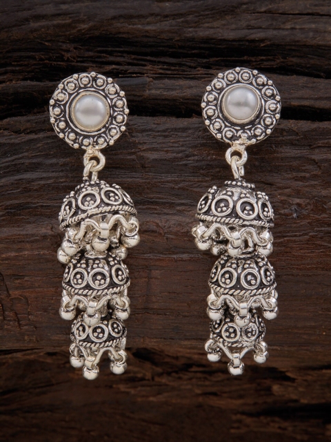 

Kushal's Fashion Jewellery White & Silver-Toned Dome Shaped Jhumkas Earrings