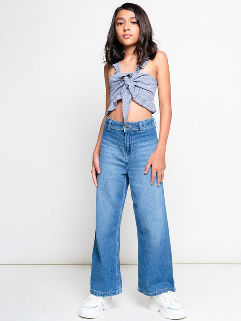 

FREAKINS Girls Blue Wide Leg High-Rise Low Distress Light Fade Cotton Jeans
