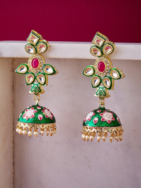 

ATIBELLE Women Green & Gold-Plated Kundan and AD studded Jhumkas Earrings with Bead Drops