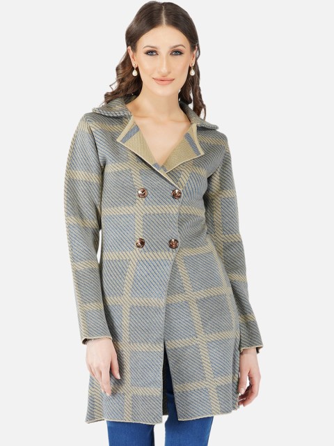 

JoE Hazel Women Beige & Blue Checked Trench Coat