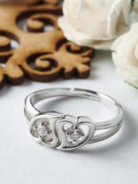 

SILBERRY Rhodium-Plated & Silver Toned Cubic Zirconia Studded Silver Finger Ring
