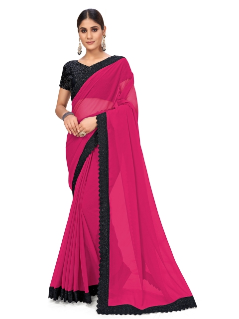 

SUTRAM Pink & Black Sequinned Lace Bordered Saree