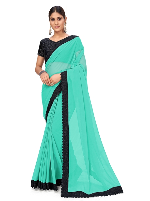 

SUTRAM Green & Black Sequinned Lace Bordered Saree