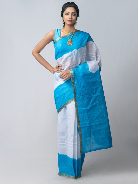

Unnati Silks White & Blue Bandhani Pure Cotton Bandhani Saree