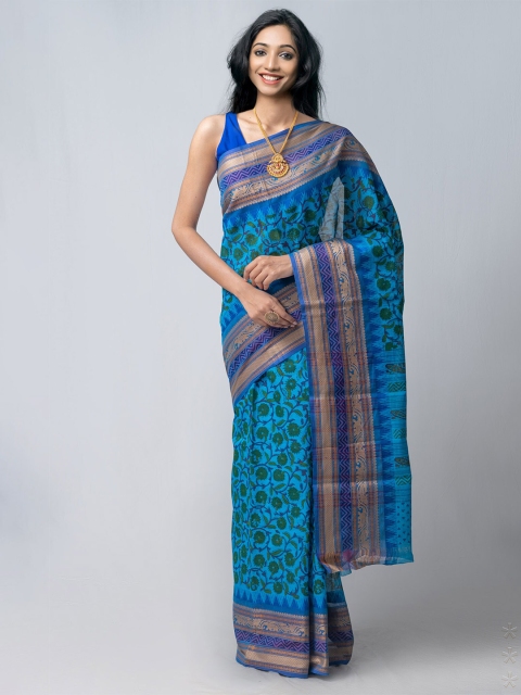 

Unnati Silks Blue & Golden Ethnic Motifs Kanjeevaram Saree