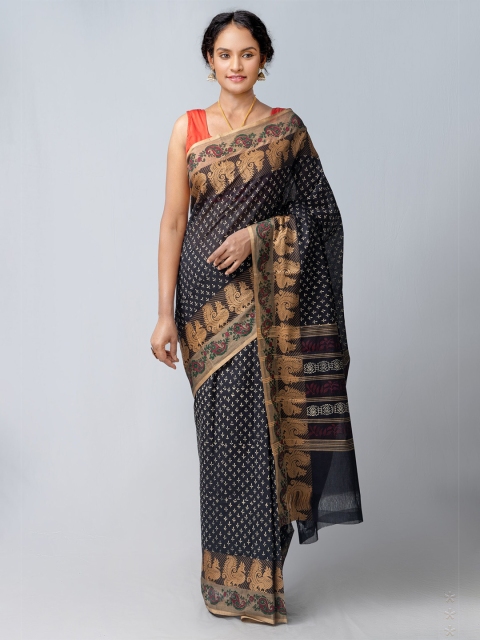 

Unnati Silks Black & Gold-Toned Ethnic Motifs Kanjeevaram Saree