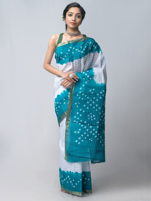 

Unnati Silks White & Blue Bandhani Zari Pure Cotton Bandhani Saree