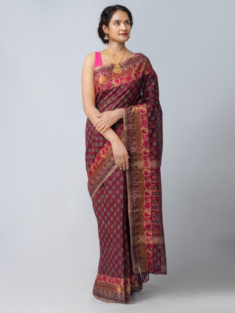 

Unnati Silks Maroon & Gold-Toned Ethnic Motifs Heavy Work Kanjeevaram Saree
