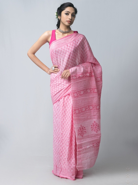 

Unnati Silks Pink Ethnic Motifs Pure Cotton Block Print Saree