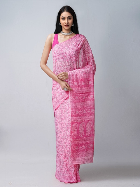 

Unnati Silks Pink & White Ethnic Motifs Pure Cotton Block Print Saree