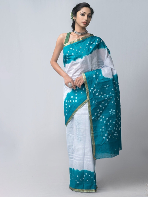 

Unnati Silks White & Teal Bandhani Printed Zari Pure Cotton Saree