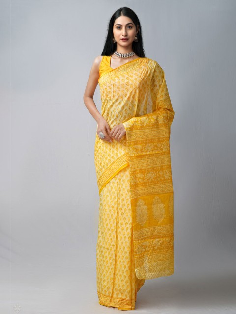 

Unnati Silks Yellow Ethnic Motifs Handloom Sustainable Pure Cotton Block Print Saree
