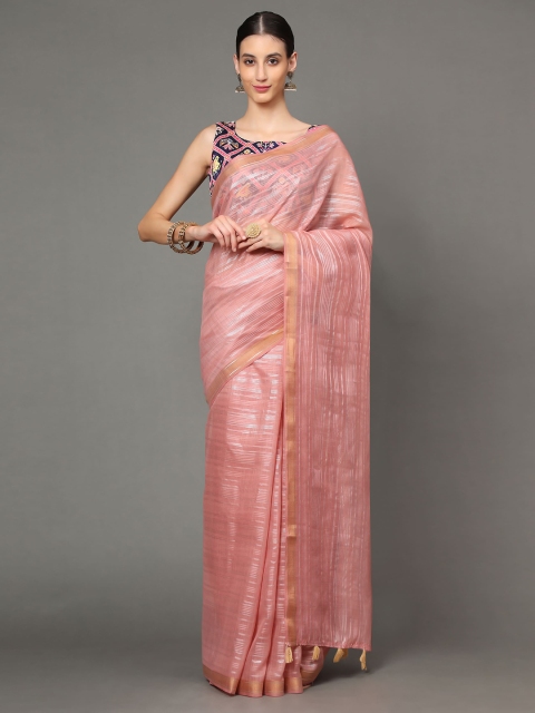 

Havida Sarees Pink & Silver-Toned Striped Zari Pure Cotton Ready to Wear Arani Saree