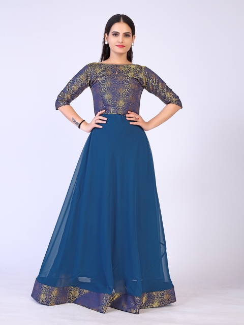 

PRENEA Turquoise Blue Ethnic Motifs Georgette Ethnic Maxi Dress