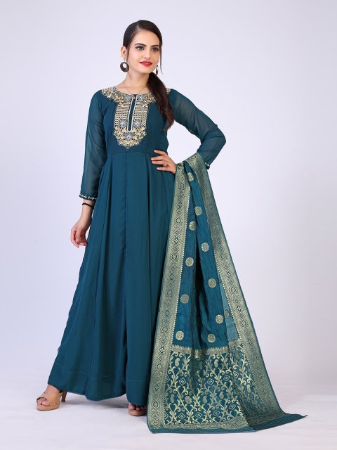 

PRENEA Women Teal Blue Embroidered Georgette Maxi Dress