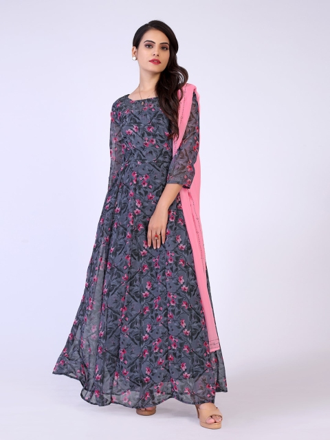 

PRENEA Grey Floral Georgette Ethnic Maxi Dress With Dupatta