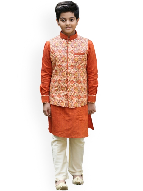 

Manyavar Boys Orange Printed Layered Kurta with Pyjamas