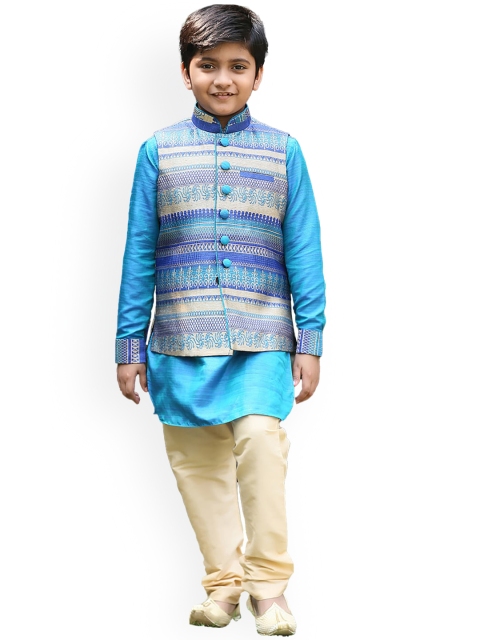 

Manyavar Boys Blue Printed Layered Kurta with Pyjamas