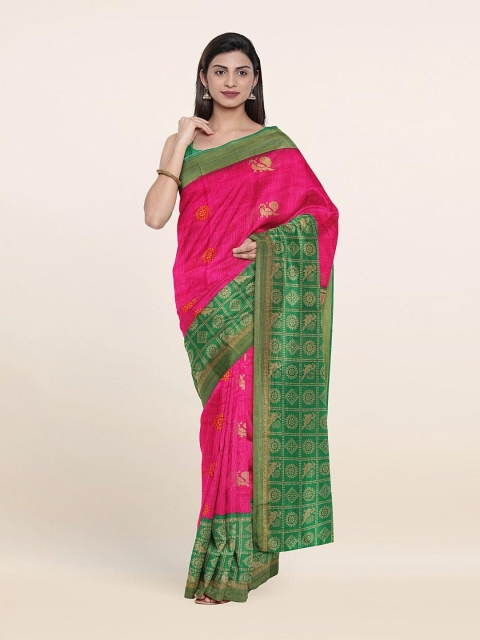 

Pothys Pink & Green Floral Zari Saree