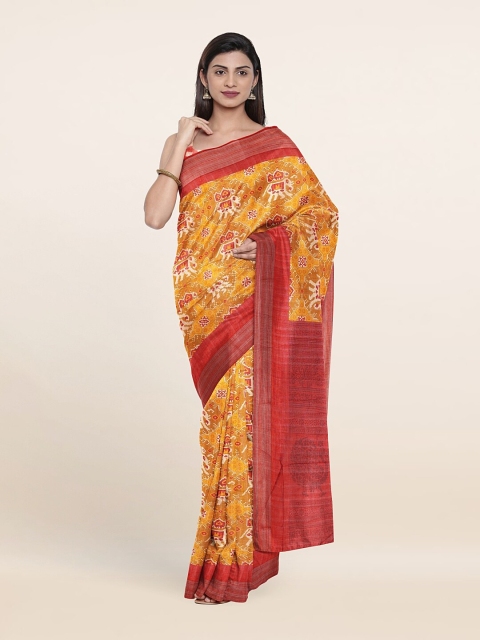 

Pothys Mustard & Red Ethnic Motifs Printed Cotton Blend Saree