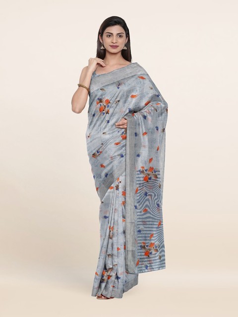 

Pothys Grey & Orange Floral Printed Cotton Blend Saree