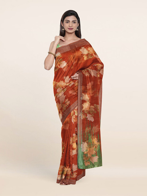 

Pothys Brown & Green Floral Printed Cotton Blend Saree