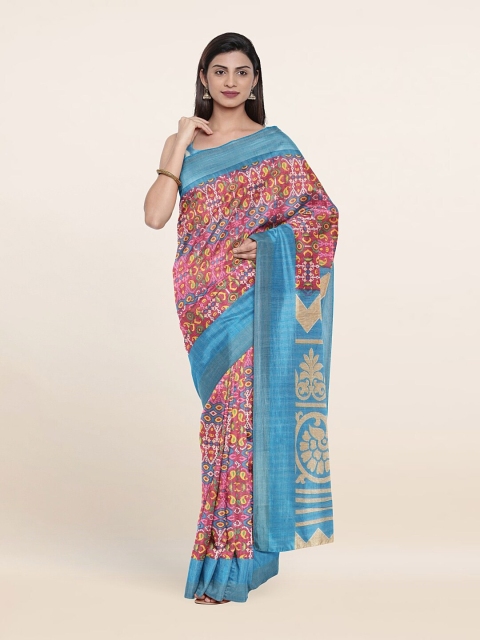 

Pothys Pink & Blue Ethnic Motifs Cotton Blend Saree