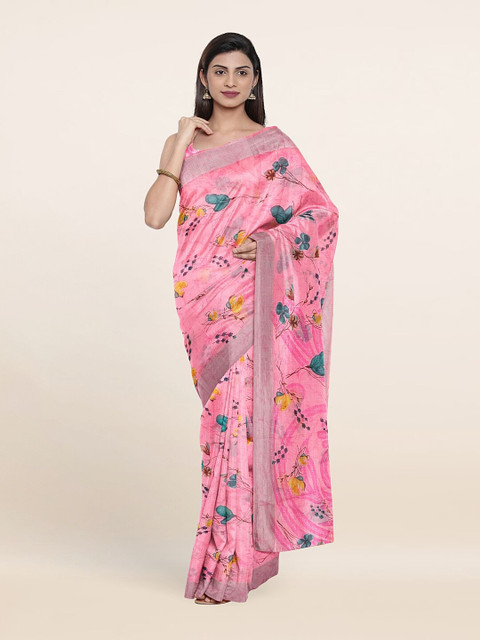 

Pothys Pink & Yellow Floral Printed Zari Saree