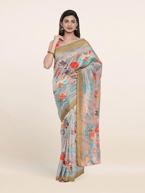 

Pothys Grey & Red Floral Zari Saree