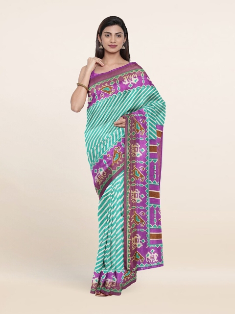

Pothys Green & Purple Striped Printed Cotton Blend Saree